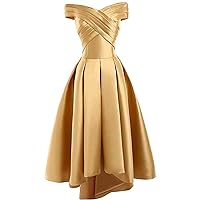 Melisa Women's Off The Shoulder Gold Satin Prom Dress Long Plus Size High Low Gown Plus Size