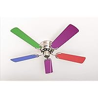 Pepeo - Kisa Ceiling Fan without Lighting | Fan with Pull Switch in Silver with Multicolour Reversible Blades, Diameter 105 cm (Colour: Brushed Nickel, Multicolour/Pastel)