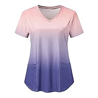 Working Uniforms Women Gradient Color Print Tops Stretchy Fashion V-Neck Short Sleeve Medical Shirts with Pockets