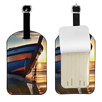Boat Beach Sunrise Time Nautical Print Luggage Tags for Suitcases Cruise Ships,Pu Leather Baggage Tag with Id Label and Privacy Cover Travel