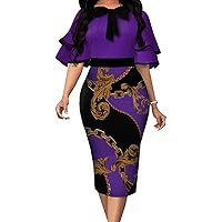 IbuduSexy Church Dresses for Women Elegant Short Ruffles Sleeve Crew Neck Floral Print Pencil Dress with Bowknot