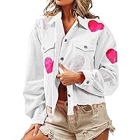 Esmeling Women’s Valentine's Day Heart Glitter Jacket Cropped Corduroy Shacket Coat with Frayed Hem