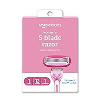 Amazon Basics Women's 5 Blade FITS Razor, Fits Amazon Basics and Venus Handles, Includes 1 FITS System Handle, 12 Cartridges & 1 Shower Hanger, Pink