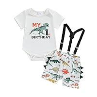 Baby Boy 1st Birthday Outfits Short Sleeve Letter Print Romper Dinosaur Suspender Shorts Set Cake Smash Clothes