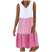 Summer Casual Dresses for Women Color Block Sleeveless V Neck Midi Tank Dress Plus Size Tiered Swing Beach Dress