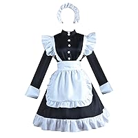 Women's Classic Cute Maid Uniform Long Dress Cosplay Costume Button Decoration Lolita Maid Dress with Apron Socks