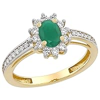 PIERA 14K Yellow Gold Natural Cabochon Emerald Flower Halo Ring Oval 6x4mm Diamond Accents, sizes 5-10