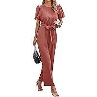 PRETTYGARDEN Jumpsuits for Women Dressy Summer Short Puff Sleeve Wide Leg Pants Romper Belted Casual Outfits