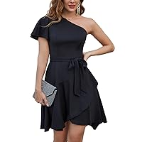 GRACE KARIN Women's Wedding Guest Dress Elegant One Shoulder Cocktail Skater Dress Ruffle Short Sleeve A Line Party Dresses