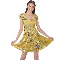 CowCow Womens Japanese Style Cherry Blossom Crane Floral Flowers Sakura Cap Sleeve Dress, XS-5XL