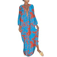 Women's Button Deep V Neck Puff Long Sleeve Henley Dress Fashion Print Casual Loose Hawaiian Beach Maxi Dresses