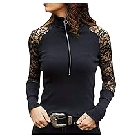 RMXEi Women's Fashion Sexy Lace Zipper Long Sleeve Solid Color Pullover Tops