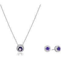 MORGAN & PAIGE Rhodium Plated Sterling Silver Gemstone and Created White Sapphire Round Halo Earrings and Pendant Necklace Jewelry Set - Choice of Gem Colors