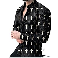 Men's Long Sleeved Print Shirts - Spring Turn-Down Collar Buttoned Shirt Casual Cross Print Button Down Tops Blouse