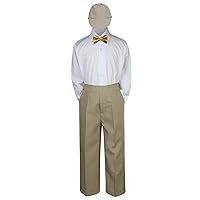 4pc Baby Toddler Kid Boy Wedding Suit Khaki Pants Shirt Bow tie Hat Set Sm-4T