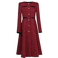 Fall Winter French Vintage Tweed A Line Dress Lady O Neck Long Sleeve Slim Party Dress