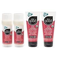 All Good Baby & Kids Mineral Face & Body Sunscreen - UVA/UVB Broad Spectrum, Coral Reef Friendly, Water Resistant, Zinc Oxide - (2) SPF 50 Butter Sticks & (2) SPF 30 Lotions
