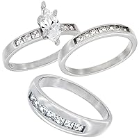 Sterling Silver Cubic Zirconia Trio Engagement Wedding Ring Set for 6 mm Him and Hers 3 mm Classic Channel Design, L 5-10 & M 8-14