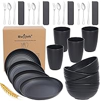28PCS Wheat Straw Dinnerware Sets for 4, Kitchen Wheat Straw Plates and Bowls Sets, College Dorm Dinnerware Dishes Set for 4 with Cutlery Set (Black)