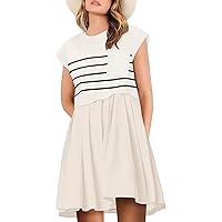 Womens Dresses Striped Knit Top Pleated Loose Swing Mini Short Sleeve Dress 2024 Trendy