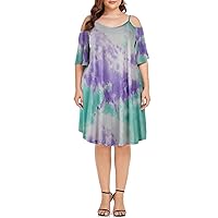 OVERWORETY Women's Plus Size Summer T Shirt Dress Cold Shoulder Bell Sleeve Tunic Dresses with Pockets