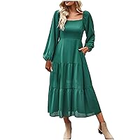 Women Tiered Ruffle Midi Dress Square Neck Puff Long Sleeve Casual A-Line Dress Off Shoulder Smocked Back Dresses