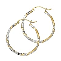 Curled Hoop Earrings 14k Yellow & White Gold Diamond Cut Design French Lock Two Tone 20 x 2 mm