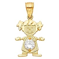 14K Yellow Gold April Birthstone Cubic Zirconia CZ Gilrs Charm Pendant for Necklace or Chain