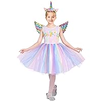 Halloween Princess Dress Costume for Little Girls Dress Up Outfit with Headband Rainbow Wings for Birthday Party