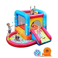 Step4Fun Inflatable Bounce House, Kids Castle Slide Bouncer for Children Jumping Outdoor and Indoor Party, Baby Backyard Water Jumper Toy with Blower, Ball Pit Pool, Ideal Gifts（112 x 98 x 65”）