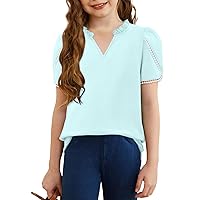 storeofbaby Girls Petal Short Sleeve Shirts Casual Ruffle V Neck Tops Blouses 5-14 Years