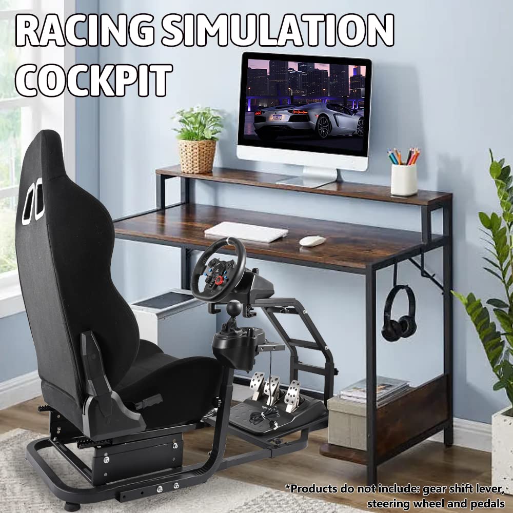 Supllueer Racing Simulator Cockpit Racing Wheel Stand with Pedals Mounting Platform fit for Logitech G25 G27 G29 G920 Thrustmaster with Black Seat, Steering Wheel Stand NO Steering Wheel Pedals