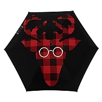 Red Buffalo Plaid Deer 5 Fold Umbrella Travel Portable Sun Rain Umbrellas UV Protection Printed Design for Women Men
