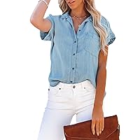 Women's Chambray Button Down Shirt with Pockets Denim Cotton Button Up Tunics Short Sleeve Solid High Low Blouse Tops