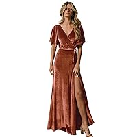 Women's Long Velvet Bridesmaid Dresses V Neck Ruffle Sleeve Wrap Formal Evening Prom Gown with Slit MA18