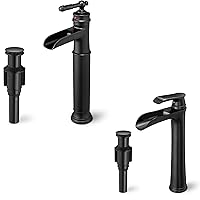 Tall Bathroom Faucet Waterfall, Brass Bathroom Faucets Black Vessel Sink Faucet, Bathroom Faucets One Hole Mixer Bowl Tap with Pop-Up Drain Water Hoses for Vanity Lavatory Farmhouse