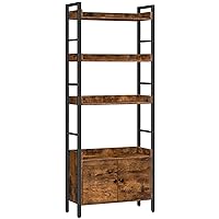 4-Tier Bookshelf with Doors, Industrial Wooden Bookcase with Storage, Storage Shelf with Protective Rails, for Living Room, Home Office, Rustic Brown and Black BF46SJ01