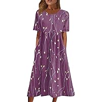 Fun Plus Size Short Sleeve Tunic Dress Women's Spring Wedding Cotton Fit Ladies Printed Smocked Cozy Scoop Purple S