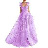 3D Butterflies Tulle Prom Dresses for Teens 2024 Spaghetti Straps Sweethert Lace Applique Corset Formal Gowns with Slit