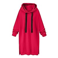 Womens Long Sleeve Hoodie Dress Oversized Casual Split Hem Sweatshirts 2024 Fashion Fleece Drawstring Hooded Pullover