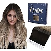 Fshine Tape in Hair Extensions Real Human Hair 12 Inch Dark Brown to Ash Blonde and Platinum Blonde Tape in Hair Extensions 20pcs Ombre Tape in Human Hair Extensions for Short Hair 30 Grams