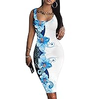 Women's Flower Print Sexy Bodycon Tank Dress Summer Square Neck Sleeveless Fashion Midi Dresses for Cocktail Party