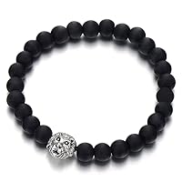 COOLSTEELANDBEYOND Lion Head Mens 8MM Black Onyx Beads Bangle Link Bracelet, Prayer Mala