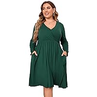 Plus Size Dress Women's V Neck Wrap A-Line Dress Plus Size Knee Length Midi Swing Dress for Curvy Women