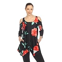 Women's Floral 3/4 Sleeve Cold Shoulder Tunic Top with Pockets