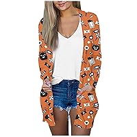 Women's Halloween Cardigans Plus Size Long Sleeve Open Front Cardigan Fall Novelty Horror Print Sweater Outerwear with Pocket