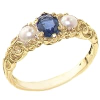 10k Yellow Gold Real Genuine Sapphire & Cultured Pearl Womens Band Ring