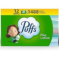 Puff Plus Lotion Facial Tissue, Puffs Plus Facial tissues 12 Boxes, Bulk Tissues With Lotion (124 Tissues Per Box)