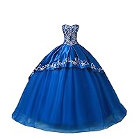 Gold Embroidery Ball Gown Prom Quinceanera Dress for Women Girls Rhinestones Lace up Back Blue 2