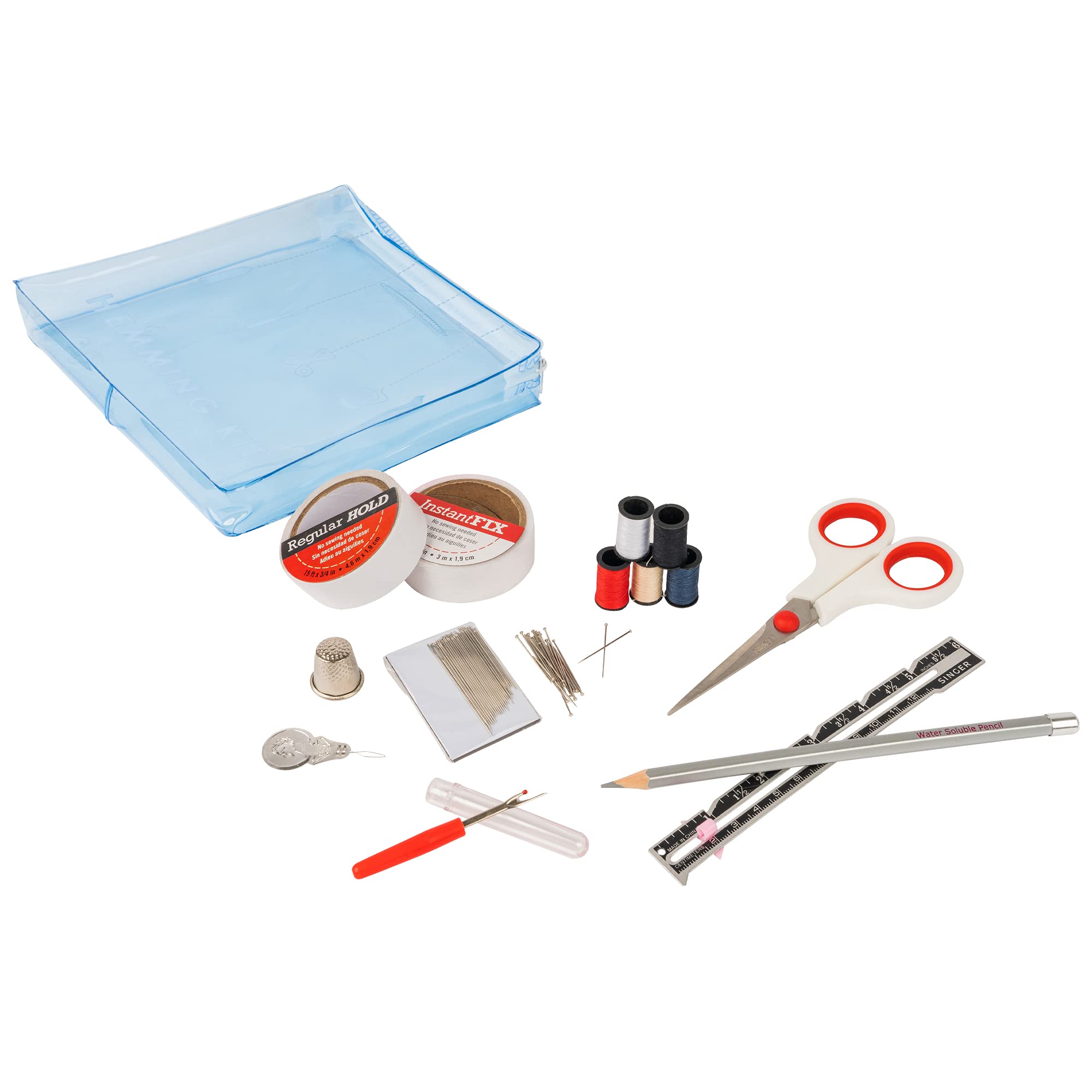 SINGER Storage Pouch – 92 Piece Hem Tape, Seam Ripper, Scissors, & Marking Pencil Sewing Kit, White